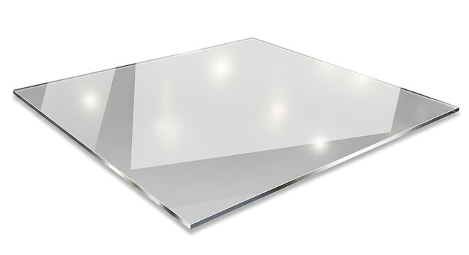 Transparent Glass Sheet Surface with Reflective Highlights and Subtle Shadows on White Background