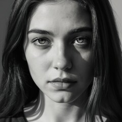 Fototapeta premium Close up black, white headshot of young woman with long dark hair, striking eyes. Face strong light, shadow contrast. Looks directly at camera with intense expression. Features clearly defined,