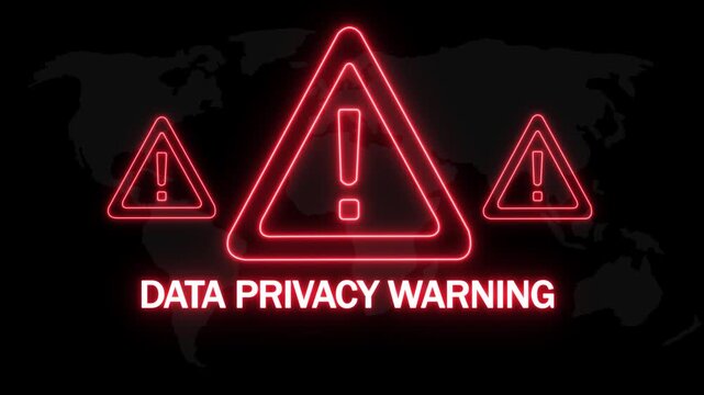 Data privacy warning alert warning. Cybersecurity defense and secure digital systems protection against cyberattacks. urgent threat notification. 4k Motion graphics on Black Background