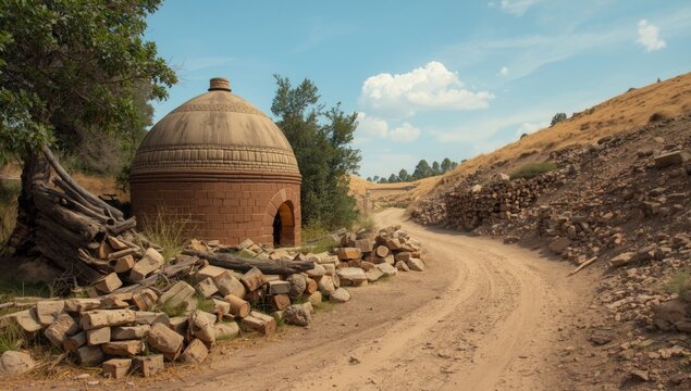 Rustic traditional kiln used for mud brick hardening with natural resource surrounds