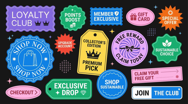 Collection of colorful marketing and promotional badges, labels, and stickers for retail and e-commerce businesses, showcasing offers and rewards
