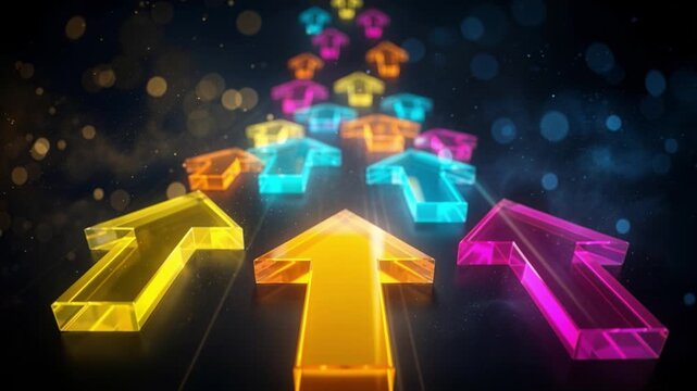 Colorful transparent arrows glowing on a dark futuristic background, moving upward in perspective with luminous reflections, vibrant neon colors and dynamic growth concept.