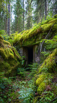 An abandoned bunker, a dilapidated old partisan shelter from World War II in the forest