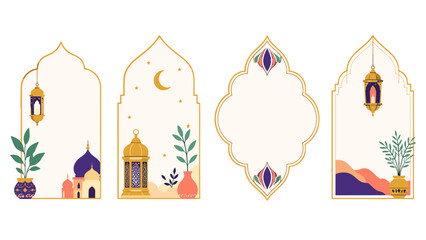 Decorative Islamic arch frames with lanterns and floral elements © Alan