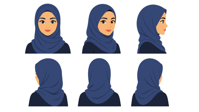 Woman wearing hijab portrait set in front side and back views