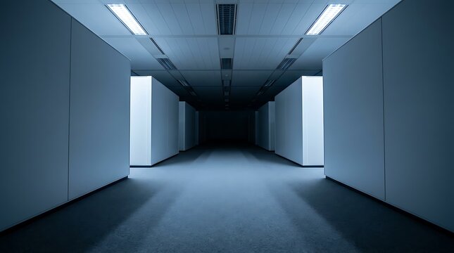 Long empty office corridor with white cubicle walls stretching into darkness illuminated by bright fluorescent ceiling lights creating a sterile and impersonal atmosphere.