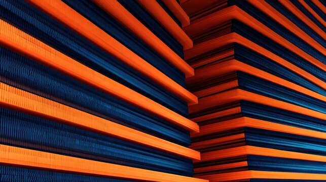 Stacked construction elements present a dramatic intersection of bright orange and deep blue parallel lines.