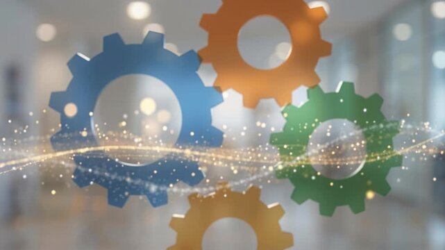 Colorful gears in soft focus with sparkling light particles and flowing energy lines, symbolizing teamwork, process optimization, automation and business efficiency in a modern environment.