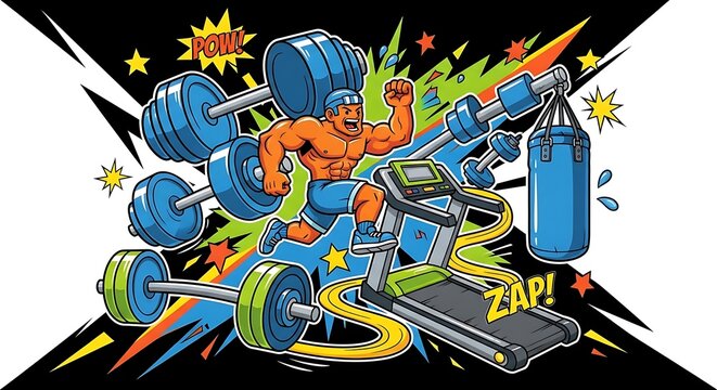Muscular cartoon character lifting weights, fitness motivation, gym humor, workout illustration, comic style