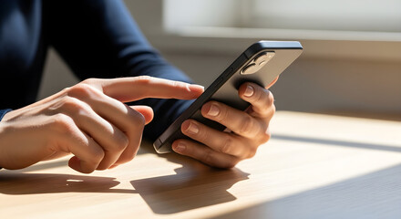Fototapeta premium Close up of a person using a mobile device for digital communication and browsing while sitting at a bright wooden desk in a modern office