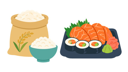 Rice sack and sushi platter with bowl in flat vector style © Alan