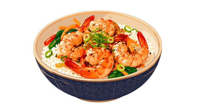 Shrimp rice bowl with scallions in decorative ceramic bowl