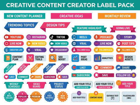 Essential content creator label pack banners and stickers for social media, digital marketing, and online content promotion