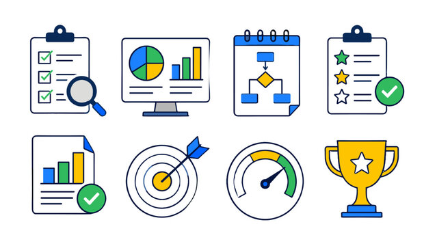 Assessment and performance outline icon set with charts and goals