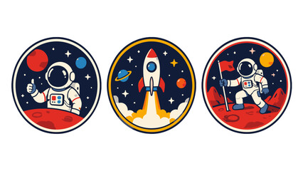 Colorful astronaut and rocket space mission badge set © Alan