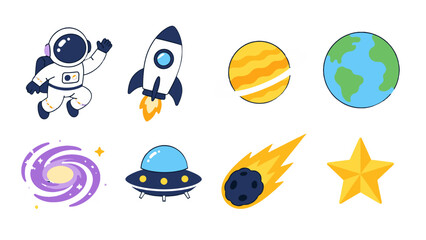 Cute space icon set with astronaut rocket planets and galaxy © Alan