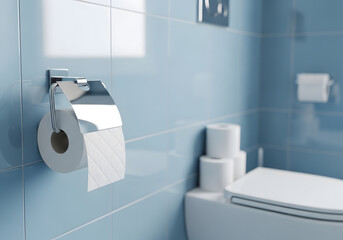 Fototapeta premium Toilet Paper Roll on Chrome Holder Against Blue Tiled Wall | Modern Bathroom Interior with Light Blue Glossy Tiles | Minimalist Restroom Design with Toilet Paper Dispenser 