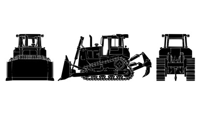 Diesel Bulldozer Silhouette Vector Set with Front Rear and Side Views Industrial Blueprint © Md Humaun