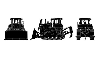 Bulldozer Black Silhouette Blueprint Vector with Front Side and Rear Views Isolated on White © Md Humaun