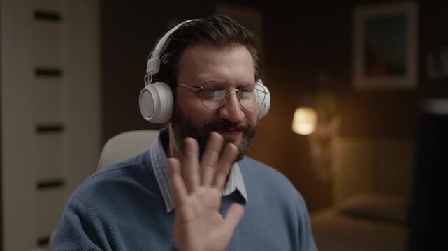 Smiling man puts on headphones and waves discreet greeting at his computer screen or webcam. Close-up
