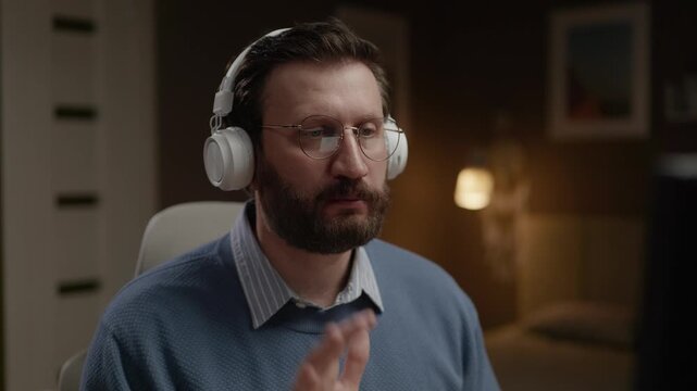 Serious man puts on headphones and waves discreet greeting at his computer screen or webcam. Close-up