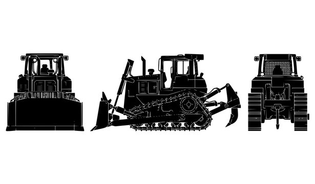 Heavy Construction Bulldozer Black Silhouette Vector Technical Drawing with Multiple Views
