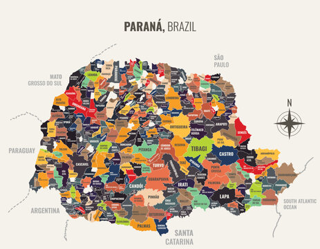 A map showing Paran Brazil Estado into Municipio in a minimalist colorful style
