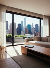 Obraz premium Modern living room with floor to ceiling windows showcasing city skyline view. Sofa, coffee table are placed in bright sunlit space. Apartment offers balcony with green plants, comfortable seating.