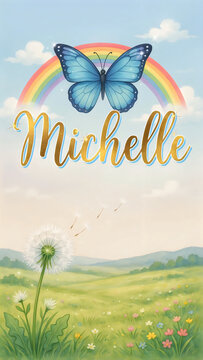 Blue butterfly and rainbow over green field with name michelle