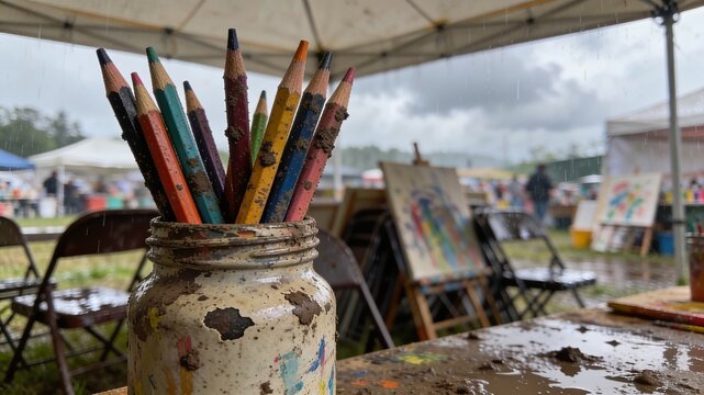A rustic jar filled with mud-splattered colored pencils sits on a wet table during an outdoor art class on a rainy day, honoring persistent education for World Teacher's Day.