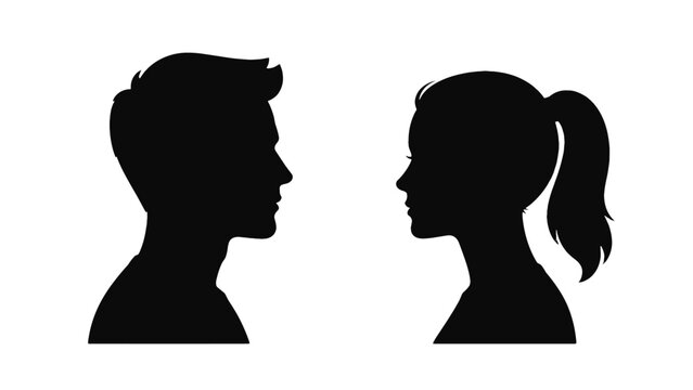 Male and female profile silhouette avatars facing each other