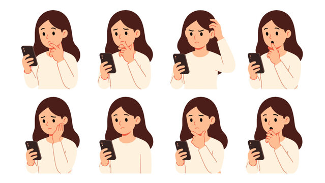 Woman looking at smartphone with confused expressions set
