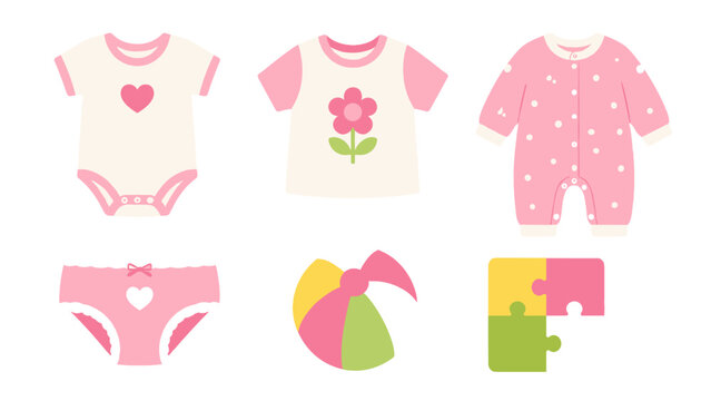 Cute baby clothing and toy icons in pastel pink vector set