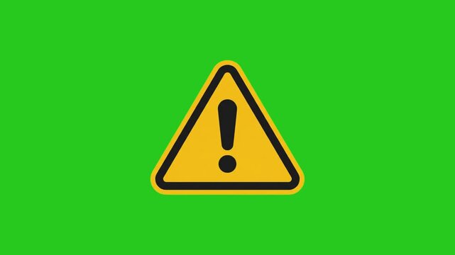 Animated warning triangle sign flashing on green screen background