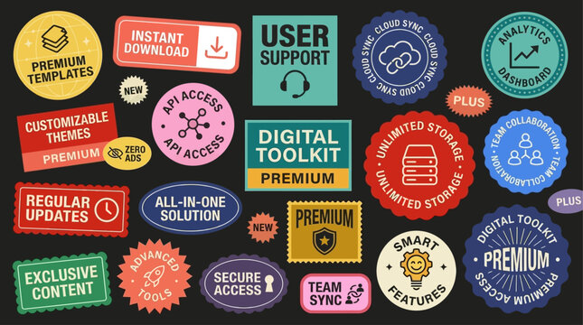 Assorted graphic labels and promotional badges for digital products, featuring premium membership, exclusive content, instant downloads, and customer support offers