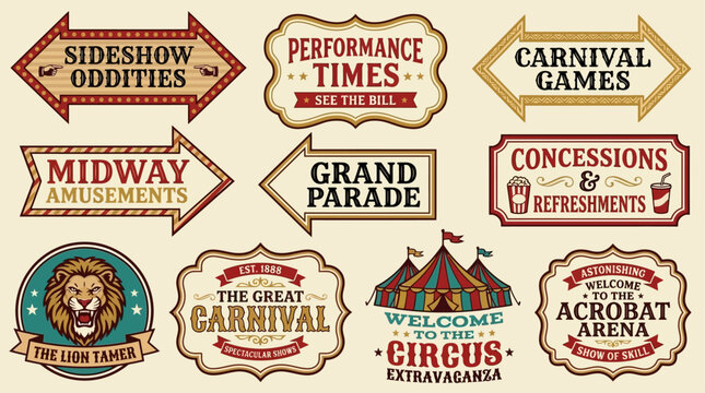 Carnival and Circus Signs Collection Vintage and Retro Style Advertising for Amusements, Shows, and Concessions