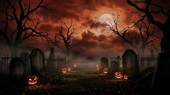 Glowing Halloween pumpkins in a spooky graveyard at night illustration