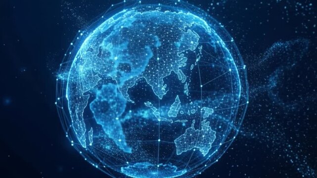 Digital globe with connected continents, glowing network nodes and data streams, global communication, internet infrastructure, technology and analytics concept.
