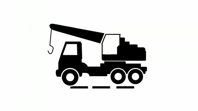Animated mobile crane truck silhouette isolated on white background. Heavy construction vehicle motion graphic suitable for engineering, industrial, infrastructure and transportation projects.