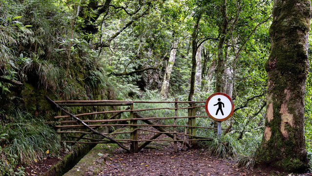 A tourist route along a levada on Madeira Island, Portugal, blocked by a gate with a no entry sign.
