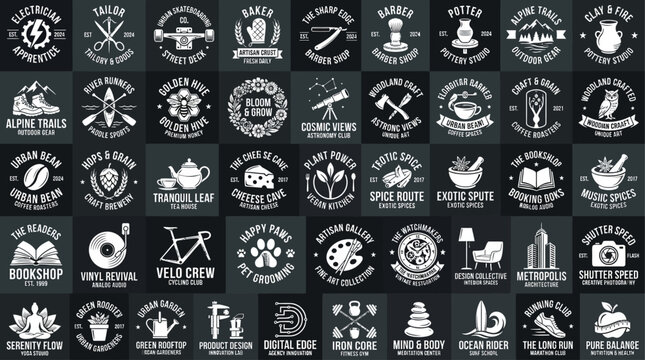 Vast collection of diverse monochrome vector badges and emblems, perfect for branding solutions across various industries and hobbies, featuring sleek designs from nature to urban life