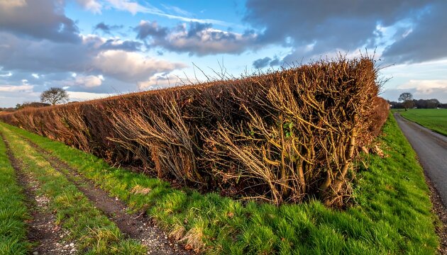 A panoramic view of a rustic landscape with a large hedge