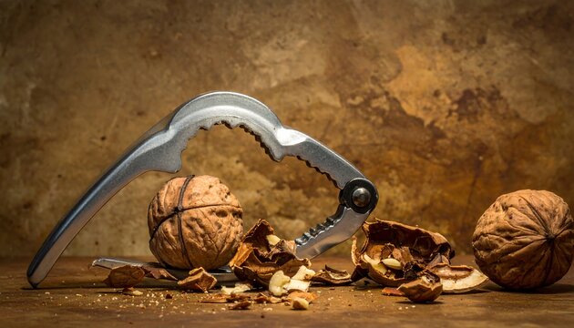 A nutcracker device lies open on a wooden surface beside two whole walnuts and pieces of cracked nuts on a brown mottled background