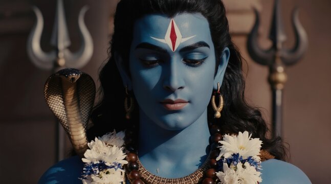 Blue skinned Hindu deity Shiva with cobra on shoulder, third eye, and flowers. He wears beads and holds trident, representing divine power and spirituality in Hinduism.