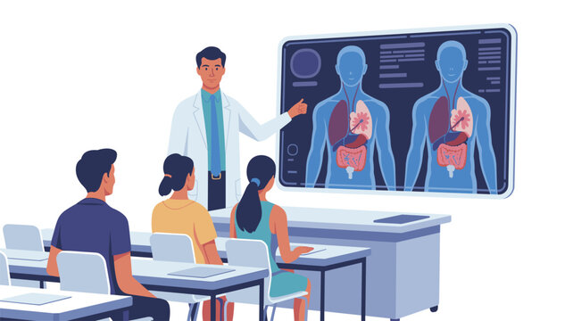 Doctor teaches human physiology to students by pointing at a large screen displaying two comparative diagrams of internal organs in a modern learning environment.