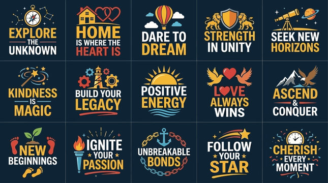 Collection of inspiring typographic designs featuring uplifting messages and positive affirmations for personal growth, success, and a fulfilling lifestyle