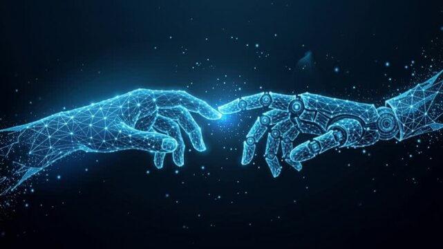 Digital human and robotic hands reaching toward each other in blue futuristic network. Artificial intelligence, human machine collaboration, innovation and technology concept.