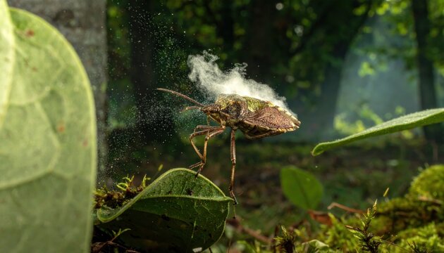 Stink Bug Emitting Defensive Odor in Slow Motion Amidst Lush Green Foliage
