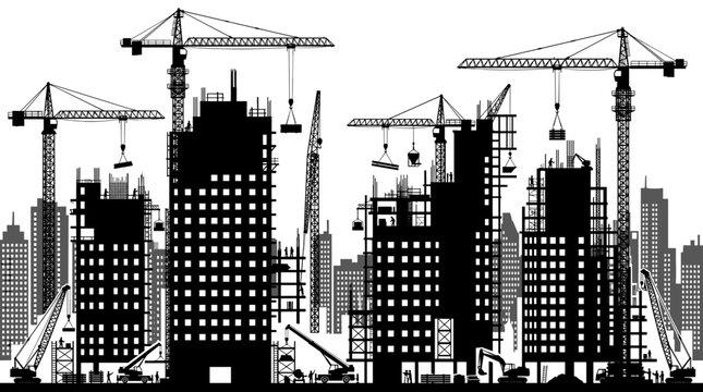 Schwarze Silhouette einer gro&szlig;en Baustelle in der Stadt mit Kr&auml;nen und Wolkenkratzern. Vektor-Illustration.