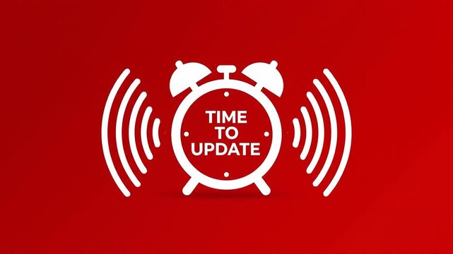 Time to update message on ringing alarm clock icon, white software upgrade notification on red background, urgent system maintenance alert